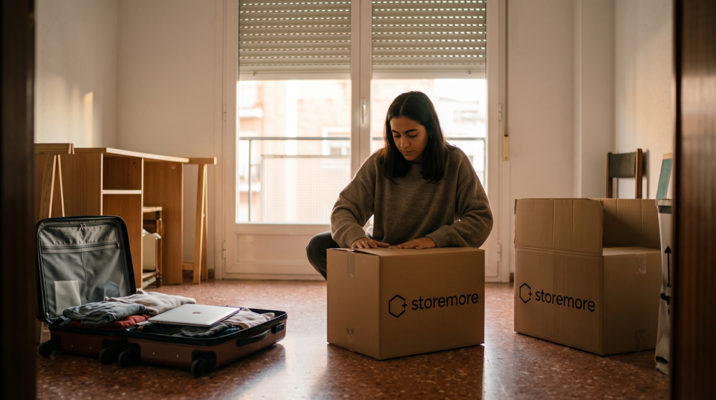 Estudiante joven agachado en el suelo de una habitación medio vacía, empaquetando libros y ropa en cajas de cartón junto a una maleta abierta
